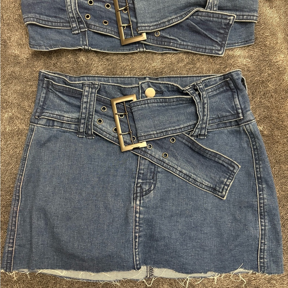 Belted Denim Tube Top & Skirt Set